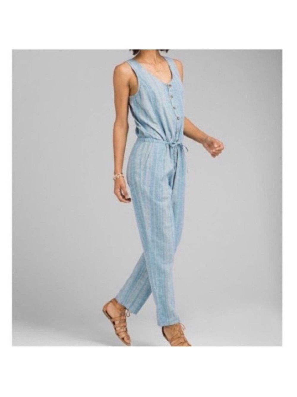 Prana Light Blue Button-Front Hemp Blend Sleeveless Jumpsuit